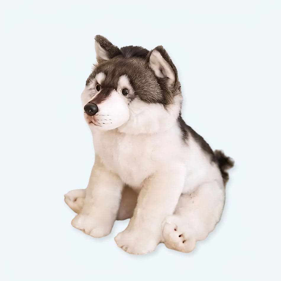 Cozy stuffed animal wolves, perfect for kids & adults. Realistic fur textures. Urban setting. Bedroom decor, gift idea, plush toys.