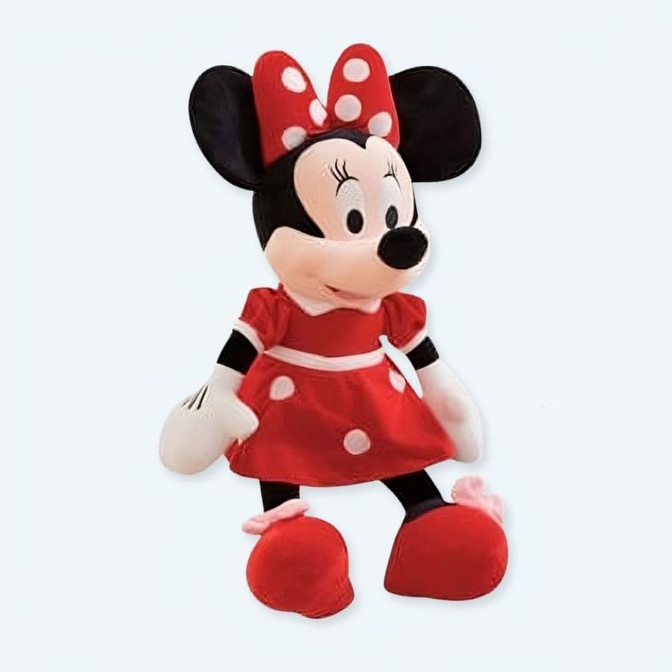 Disney plush toys in a shop. Minnie Mouse dolls, stuffed animals, collectibles, gift ideas. Children's toys, soft, cuddly.