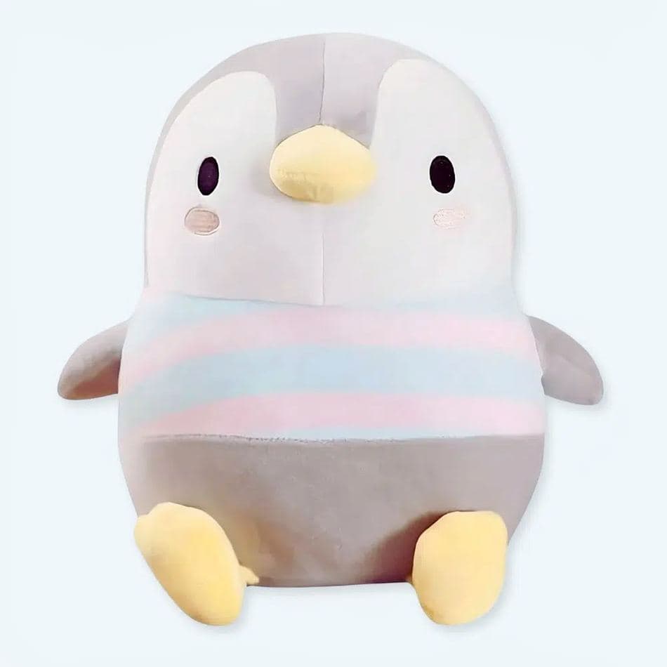 Fluffy stuffed animals: penguin plushies, cuddly toys, gifts for kids, nursery decor, urban setting, soft toys, animal figures.